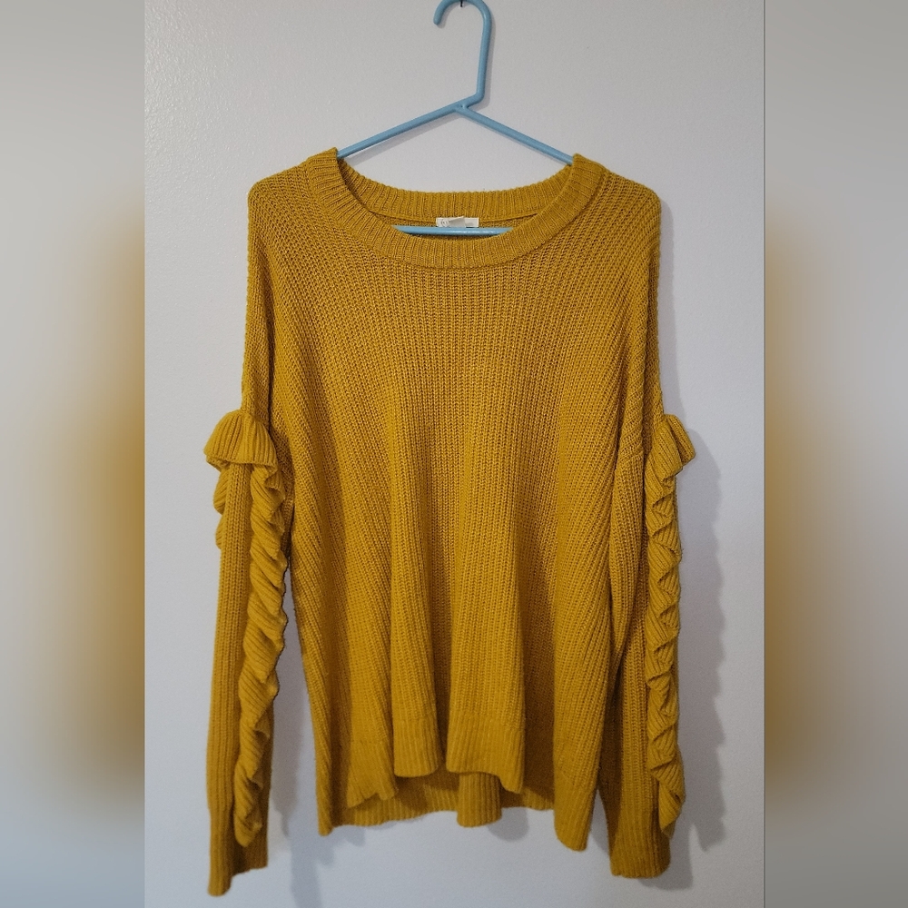 Mustard Yellow Women's Sweater with Ruffle Sleeves